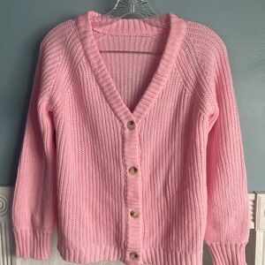 Pink Button-Up Chunky Knit Women's Cardigan Sweater